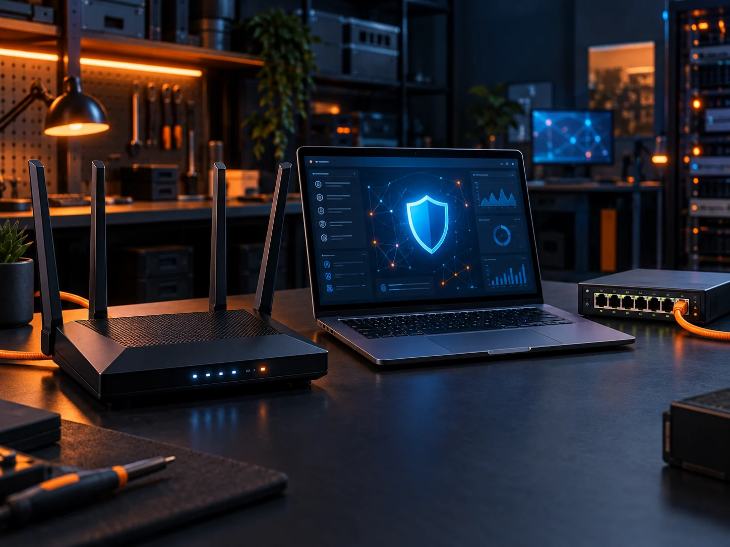 Modem, ağ anahtarı ve bilgisayarda güvenlik ekranı